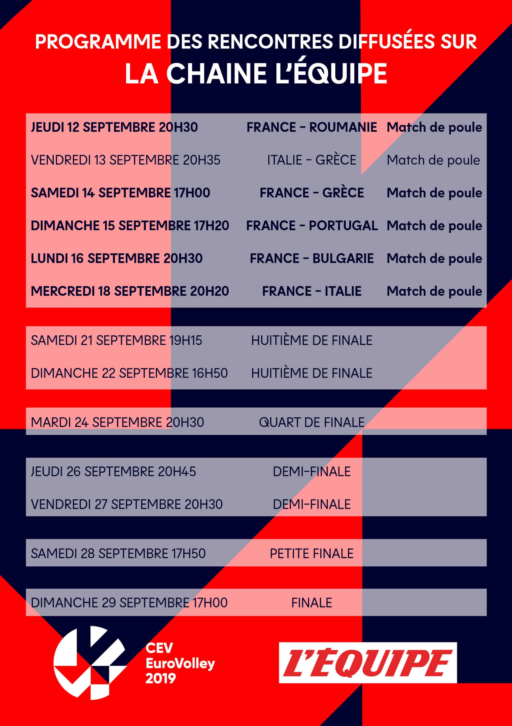 Programme TV des rencontres de la Coupe d'europe de volley 2019 2